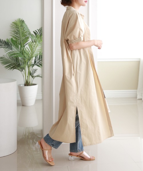 MEYAME コットン シャツワンピース 半袖ベージュ MEYAME コットン シャツワンピース 半袖ベージュ MEYAME コットン