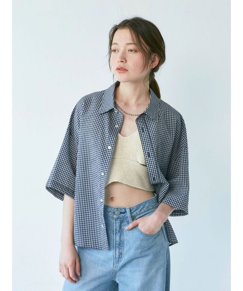 Ungrid（アングリッド）の「ギンガムチェックハーフスリーブシャツ（シャツ/ブラウス・レディース・ベージュ/パープル/ネイビー・FREE）」の10枚目の写真