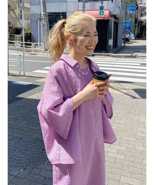 Ungrid（アングリッド）の「ギンガムチェックハーフスリーブシャツ（シャツ/ブラウス・レディース・ベージュ/パープル/ネイビー・FREE）」の8枚目の写真