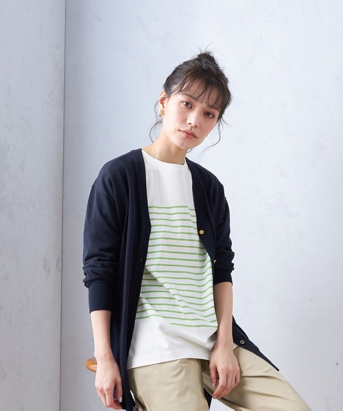 Petit Honfleur（プチオンフルール）の「【オーガニックコットン】パネルボーダーTシャツ（Tシャツ/カットソー・レディース・レッド/グリーン/ネイビー・M/L）」の2枚目の写真