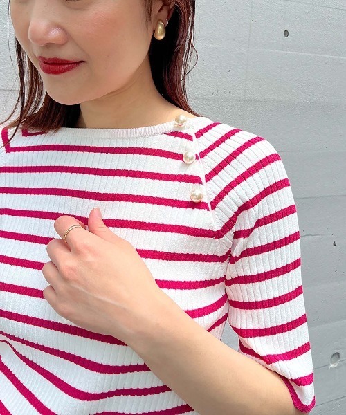 PICCIN（ピッチン）の「パール付きワイドリブ5分袖ニット（ニット/セーター・レディース・イエロー/ブラック/ピンク・M）」の3枚目の写真