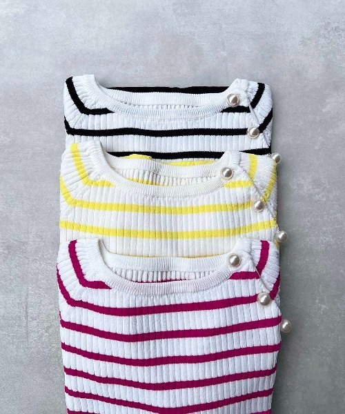 PICCIN（ピッチン）の「パール付きワイドリブ5分袖ニット（ニット/セーター・レディース・イエロー/ブラック/ピンク・M）」の14枚目の写真