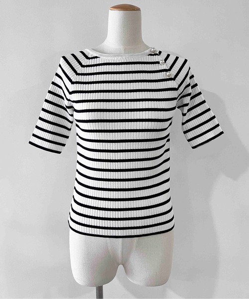 PICCIN（ピッチン）の「パール付きワイドリブ5分袖ニット（ニット/セーター・レディース・イエロー/ブラック/ピンク・M）」の6枚目の写真