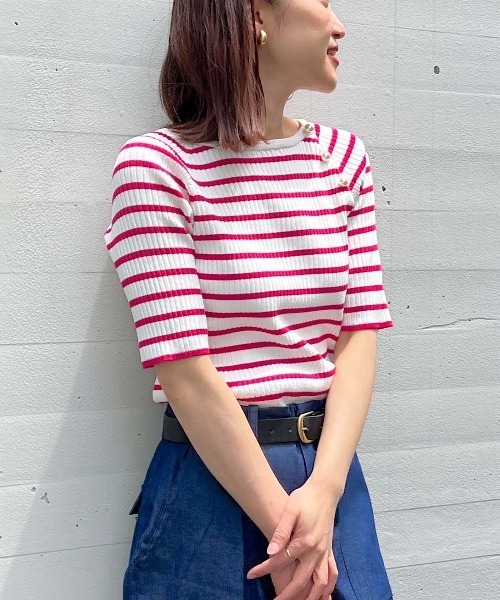 PICCIN（ピッチン）の「パール付きワイドリブ5分袖ニット（ニット/セーター・レディース・イエロー/ブラック/ピンク・M）」の21枚目の写真