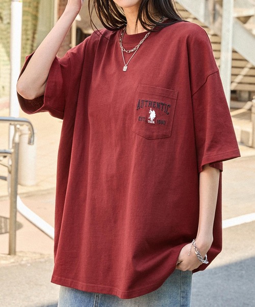 MONO-MART（モノマート）の「U.S. POLO ASSN. /ユーエスポロアッスン 別注 ロゴ刺繍 ビッグシルエットポケット半袖Tシャツ（Tシャツ/カットソー・レディース・ベージュ/ネイビー/ホワイト/ピンク/ブラック/ホワイト系/グレイッシュブルー/ダークグリーン/チャコールグレー/オートミール/ボルドー/ライトグリーン・M/L）」の12枚目の写真