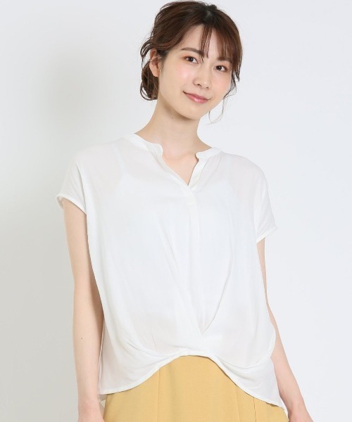 MARBLE WALTS（マーブルワルツ）の「【異素材切替】マーブルワルツ/MARBLE WALTS ハイブリッド 抜き衿 半袖プルオーバー（Tシャツ/カットソー・レディース・ベージュ/ブラック/ピンク系その他/ホワイト・MEDIUM/LARGE）」の2枚目の写真