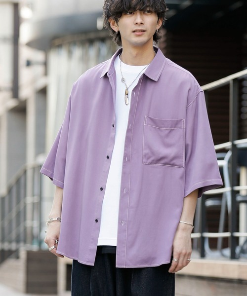 ADMIX/ATELIER SAB MEN（アドミックスアトリエサブメン）の「トロミ ドレープ カラーステッチ / オーバーサイズ ルーズシャツ（半袖）（シャツ/ブラウス・メンズ・ホワイト/ブラック/ライトパープル/ライトブルー・50/48）」の4枚目の写真