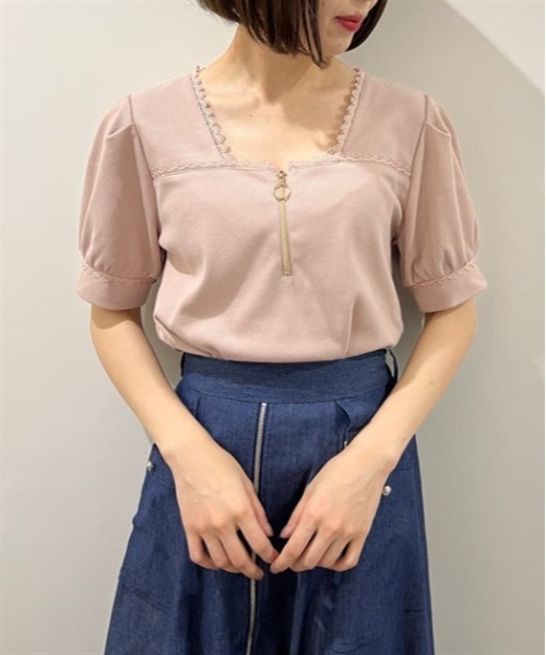 axes femme(アクシーズファム)の「ハーフジップパフ袖プルオーバー(Tシャツ/カットソー・レディース・キナリ/ピンク/ブラック・FREE)」の3枚目の写真