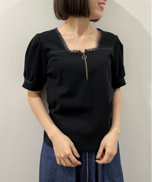 axes femme(アクシーズファム)の「ハーフジップパフ袖プルオーバー(Tシャツ/カットソー・レディース・キナリ/ピンク/ブラック・FREE)」の1枚目の写真