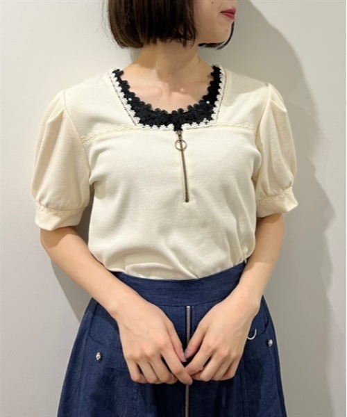 axes femme(アクシーズファム)の「ハーフジップパフ袖プルオーバー(Tシャツ/カットソー・レディース・キナリ/ピンク/ブラック・FREE)」の4枚目の写真