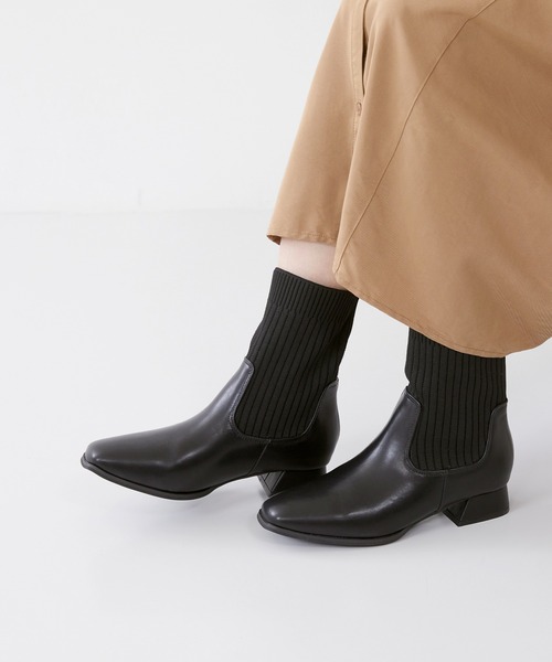 menue（メヌエ）の「スクエアトゥ リブニット デザインヒール ブーツ（ブーツ・レディース・ダークブラウン/アイボリー/ブラック・LL/M/S/L/3L/SS）」の7枚目の写真