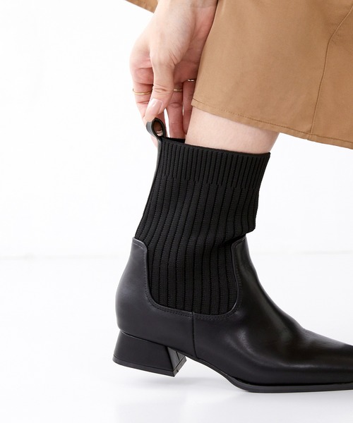 menue（メヌエ）の「スクエアトゥ リブニット デザインヒール ブーツ（ブーツ・レディース・ダークブラウン/アイボリー/ブラック・LL/M/S/L/3L/SS）」の5枚目の写真