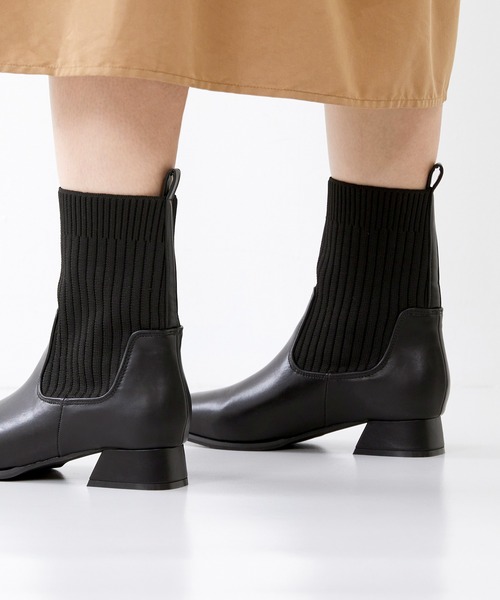 menue（メヌエ）の「スクエアトゥ リブニット デザインヒール ブーツ（ブーツ・レディース・ダークブラウン/アイボリー/ブラック・LL/M/S/L/3L/SS）」の6枚目の写真
