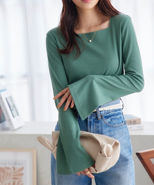 KOBE LETTUCE（コウベレタス）の「スクエアネック フレア袖リブロンT（Tシャツ/カットソー・レディース・ホワイト×ブラック/ブラック/アイボリー/グリーン/ベージュ系/ホワイト×ブルー/ネイビー×ホワイト・M）」の6枚目の写真