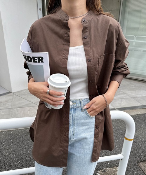 andme(アンドミー)の「タイプライターバンドカラー長袖シャツブラウス(シャツ/ブラウス・レディース・ブルー/ブラック/キナリ/ブラウン/オフホワイト・L/M)」の1枚目の写真