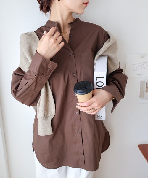 andme(アンドミー)の「タイプライターバンドカラー長袖シャツブラウス(シャツ/ブラウス・レディース・ブルー/ブラック/キナリ/ブラウン/オフホワイト・L/M)」の7枚目の写真