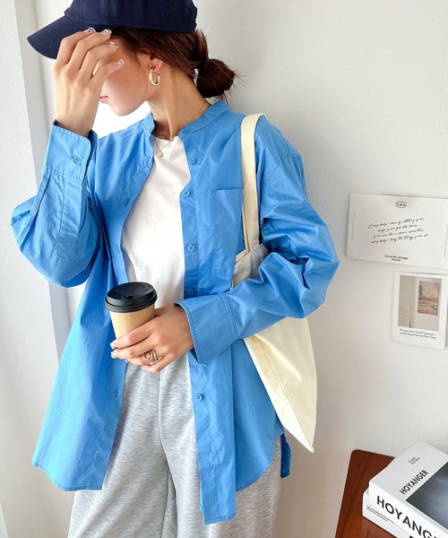 andme(アンドミー)の「タイプライターバンドカラー長袖シャツブラウス(シャツ/ブラウス・レディース・ブルー/ブラック/キナリ/ブラウン/オフホワイト・L/M)」の10枚目の写真