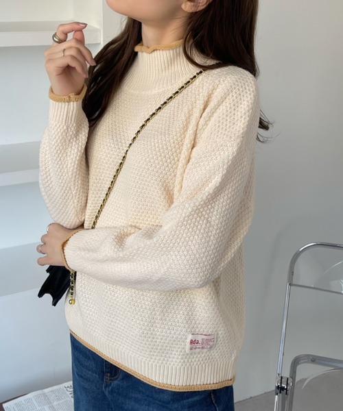 Ada.(エイダ)の「バイカラー ぷち ハイネック 鹿子編み ニット オリジナルタグ(ニット/セーター・レディース・アイボリー/ブラック/ベージュ/ブラウン・FREE)」の9枚目の写真
