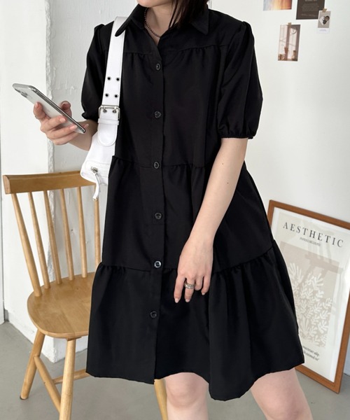 CLEA(クレア)の「半袖ティアードワンピース/チュニック(ワンピース・レディース・ホワイト/ブラック・FREE)」の1枚目の写真