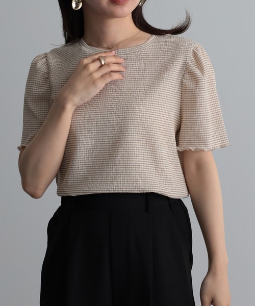 RANAN(ラナン)の「ギンガムチェック楊柳Tシャツ(Tシャツ/カットソー・レディース・ブラック系その他/ライトグレー/ピンク/ベージュ/ブラック・M/LL/L)」の4枚目の写真