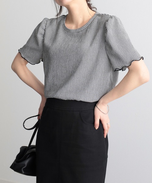 RANAN(ラナン)の「ギンガムチェック楊柳Tシャツ(Tシャツ/カットソー・レディース・ブラック系その他/ライトグレー/ピンク/ベージュ/ブラック・M/LL/L)」の17枚目の写真