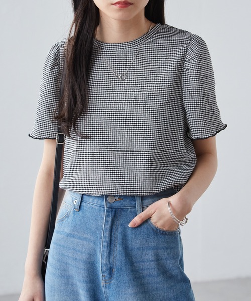 RANAN(ラナン)の「ギンガムチェック楊柳Tシャツ(Tシャツ/カットソー・レディース・ブラック系その他/ライトグレー/ピンク/ベージュ/ブラック・M/LL/L)」の6枚目の写真