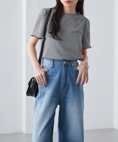 RANAN(ラナン)の「ギンガムチェック楊柳Tシャツ(Tシャツ/カットソー・レディース・ブラック系その他/ライトグレー/ピンク/ベージュ/ブラック・M/LL/L)」の7枚目の写真