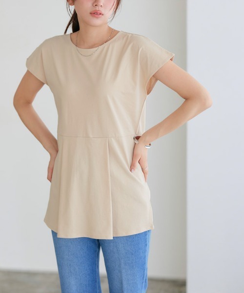 Pierrot(ピエロ)の「ひんやりシルキーフレンチスリーブチュニックカットソー(Tシャツ/カットソー・レディース・ライトベージュ/ブラック/オフホワイト・L/M)」の3枚目の写真