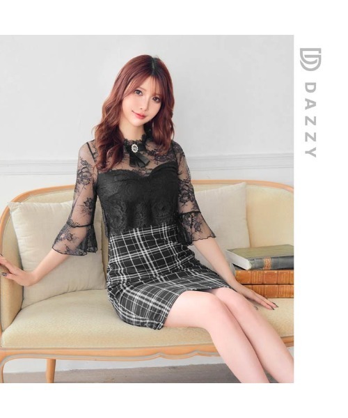 DAZZY（デイジー）の「チェック ハイネックシアーレースリボン 七分袖 タイトミニドレス（ドレス・レディース・ホワイト×ブラック/ブラック×ブラック・S/L/M）」の9枚目の写真