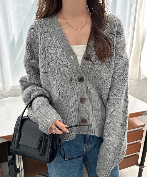 Amomento リブ編みカーディガン グレー AMOMENTO:〈洗濯機可能〉リブ