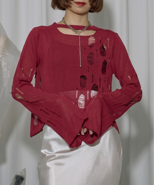 Ezick（エジック）の「2way damageニットカーディガン（カーディガン/ボレロ・レディース・ブラック/グレー/レッド・FREE）」の3枚目の写真