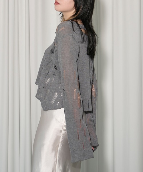 Ezick（エジック）の「2way damageニットカーディガン（カーディガン/ボレロ・レディース・ブラック/グレー/レッド・FREE）」の5枚目の写真