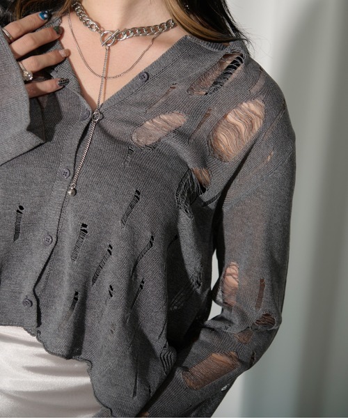 Ezick（エジック）の「2way damageニットカーディガン（カーディガン/ボレロ・レディース・ブラック/グレー/レッド・FREE）」の8枚目の写真