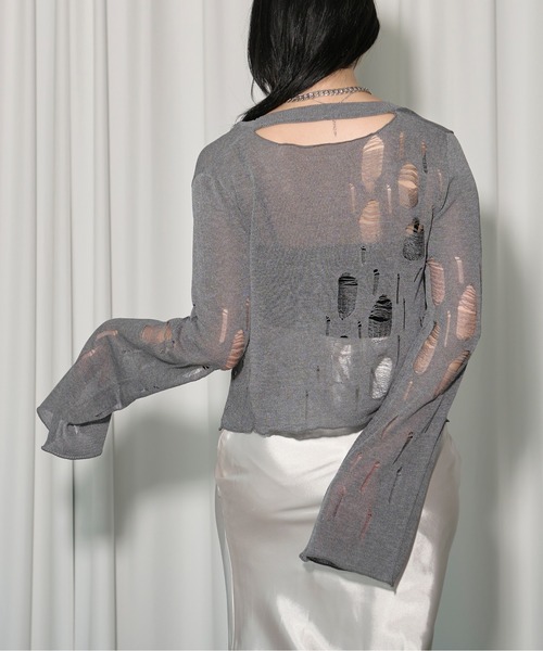 Ezick（エジック）の「2way damageニットカーディガン（カーディガン/ボレロ・レディース・ブラック/グレー/レッド・FREE）」の6枚目の写真