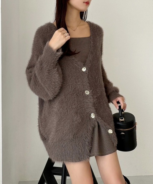 セール】ゴールドボタンフェザーロングカーディガン（カーディガン