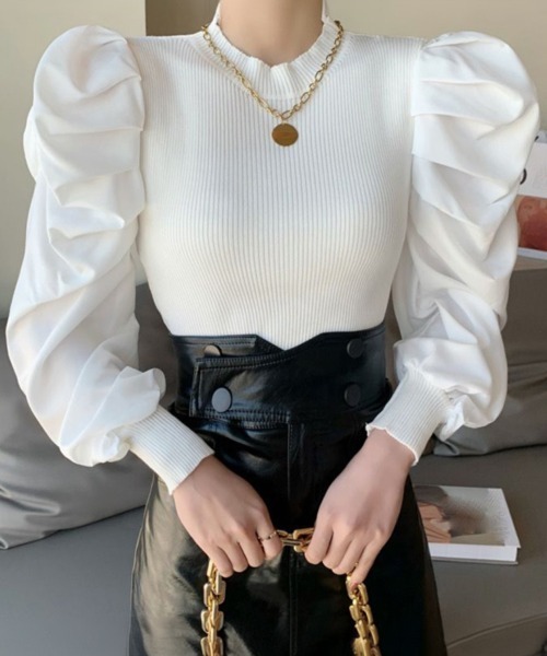 Miniministore（ミニミニストア）の「ニットトップス 重ね着風 リブニット（ニット/セーター・レディース・ブラック/ホワイト・FREE）」の2枚目の写真