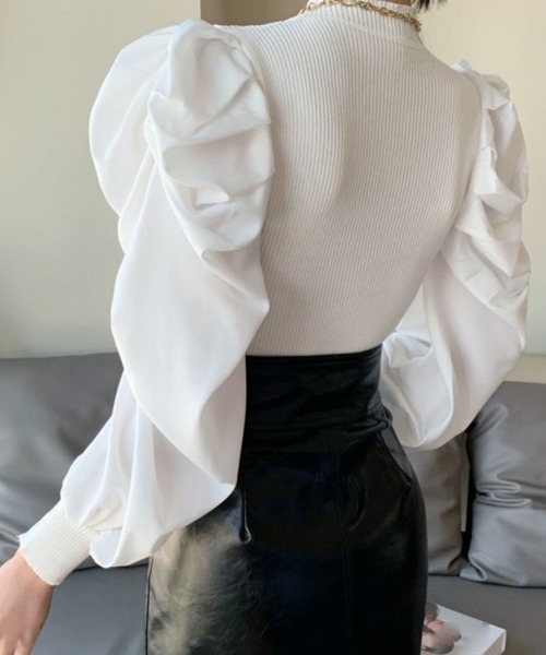 Miniministore（ミニミニストア）の「ニットトップス 重ね着風 リブニット（ニット/セーター・レディース・ブラック/ホワイト・FREE）」の7枚目の写真