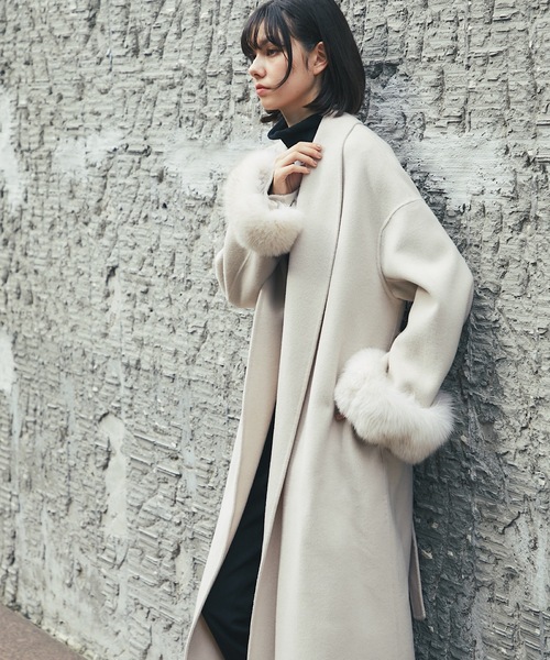 フォックスファー付きロング丈ウールコート（チェスターコート