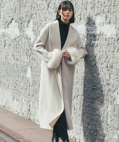 フォックスファー付きロング丈ウールコート（チェスターコート