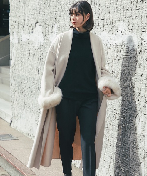 フォックスファー付きロング丈ウールコート（チェスターコート