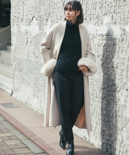 フォックスファー付きロング丈ウールコート（チェスターコート