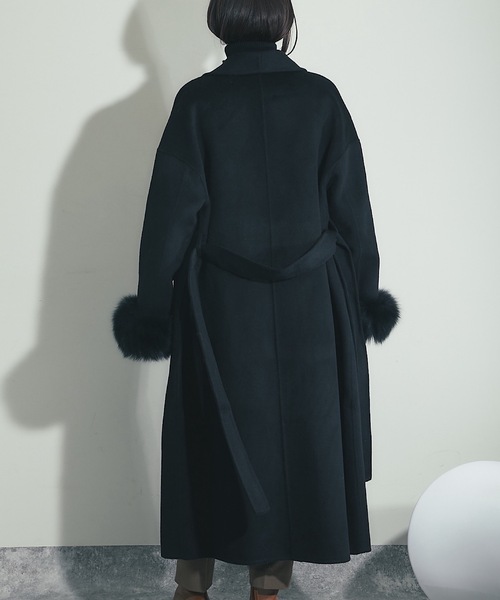 フォックスファー付きロング丈ウールコート（チェスターコート