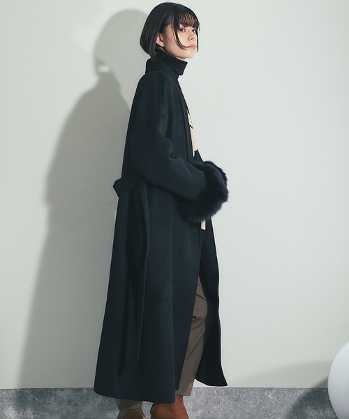 フォックスファー付きロング丈ウールコート（チェスターコート