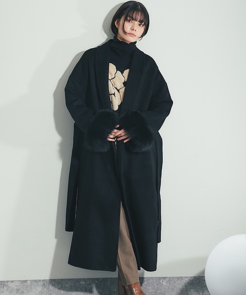フォックスファー付きロング丈ウールコート（チェスターコート
