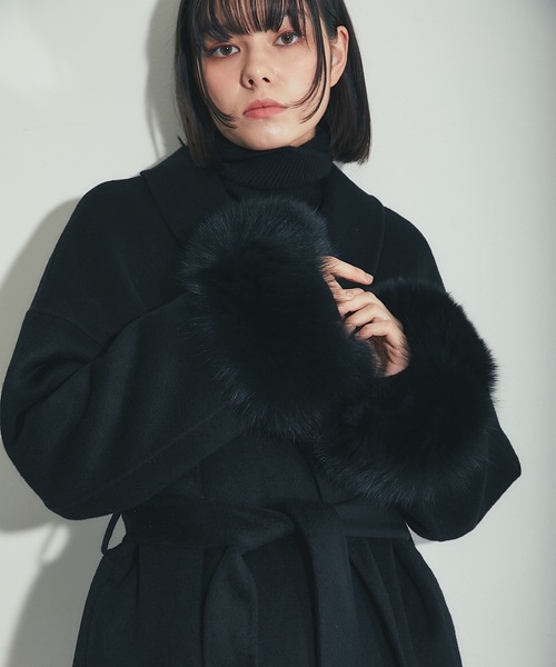 フォックスファー付きロング丈ウールコート（チェスターコート