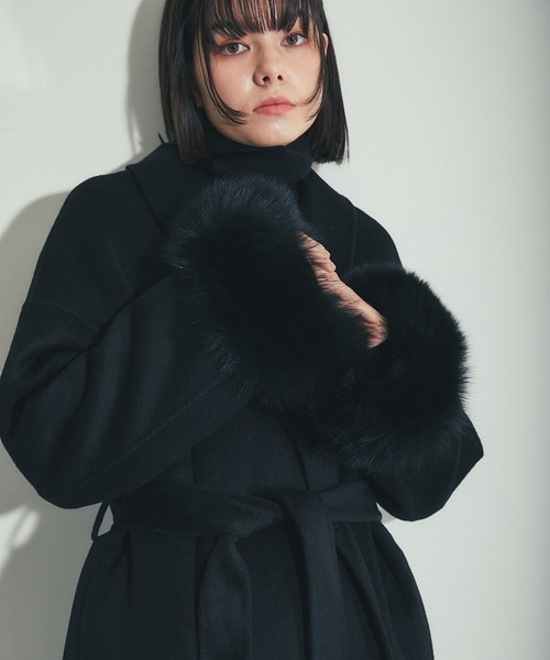 フォックスファー付きロング丈ウールコート（チェスターコート