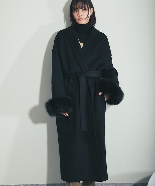 フォックスファー付きロング丈ウールコート（チェスターコート