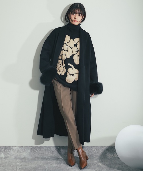 フォックスファー付きロング丈ウールコート（チェスターコート