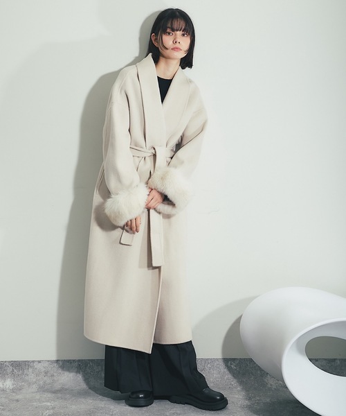 フォックスファー付きロング丈ウールコート（チェスターコート