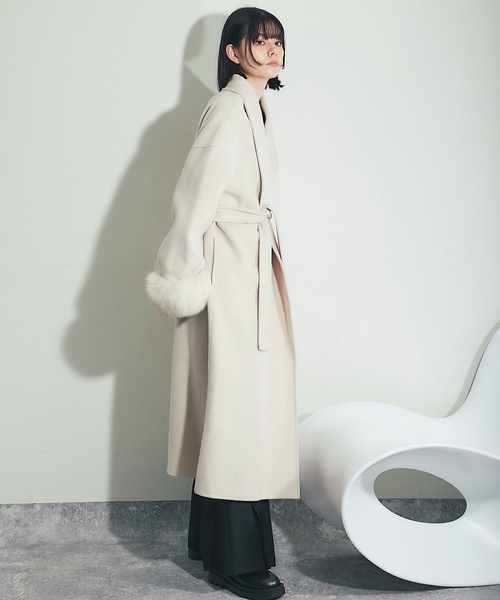 フォックスファー付きロング丈ウールコート（チェスターコート